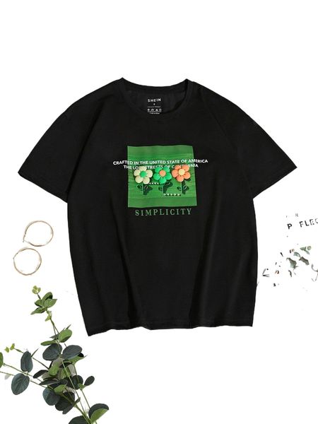 slogan graphic floral patched tee y7tf#, White 
slogan graphic floral patched tee y7tf#, White