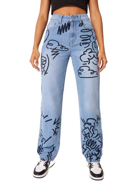 graphic high waist straight leg jeans 87lj#, Blue