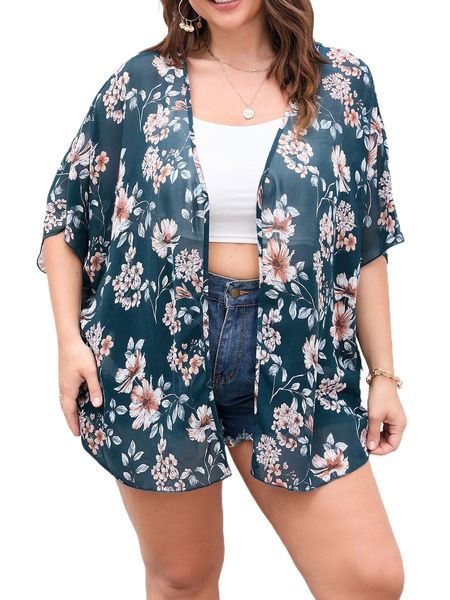plus floral kimono e84w#, Black;gray