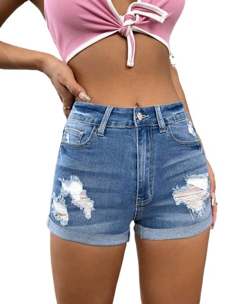 ripped roll up leg denim shorts d8yt#, White;black