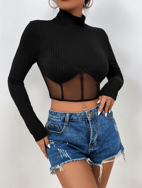 mock neck rib-knit crop tee m9iv#, White