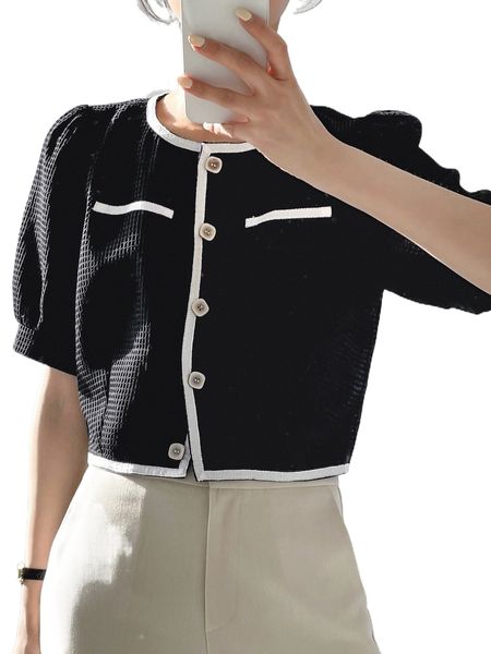 dazy button through puff sleeve contrast tape trim blouse r9d7#, White
dazy button through puff sleeve contrast tape trim blouse r9d7#, White