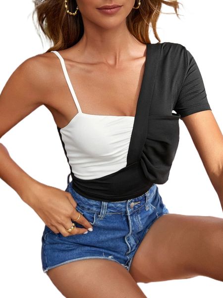 two tone ruched asymmetrical neck crop tee r92q#, White
two tone ruched asymmetrical neck crop tee r92q#, White