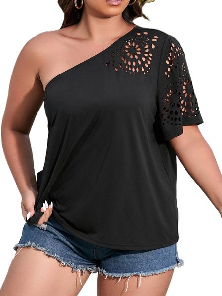 plus one shoulder laser cut tee r3h9#, Black
plus one shoulder laser cut tee r3h9#, Black