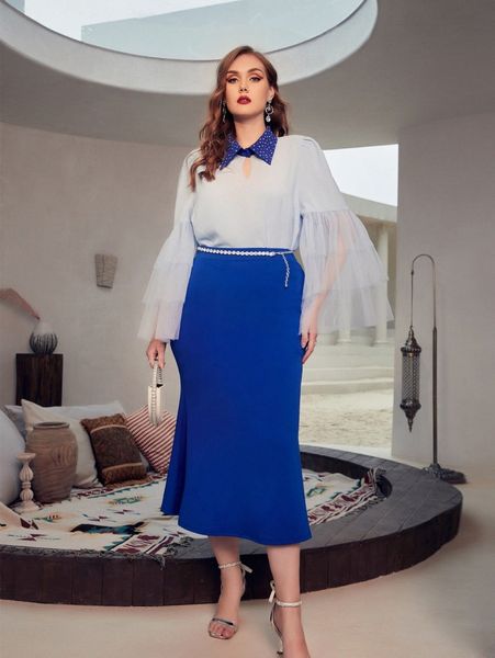 plus rhinestone decor layered sleeve blouse & mermaid hem skirt without belt 68go#, Black
plus rhinestone decor layered sleeve blouse & mermaid hem skirt without belt 68go#, Black