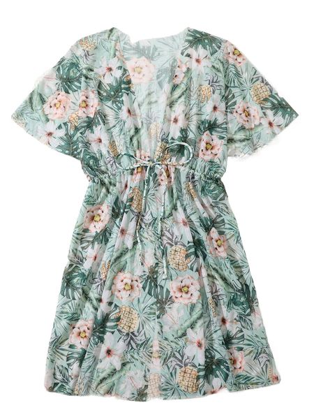 random tropical & pineapple print batwing sleeve drawstring waist mesh kimono r52q#, White;black
random tropical & pineapple print batwing sleeve drawstring waist mesh kimono r52q#, White;black