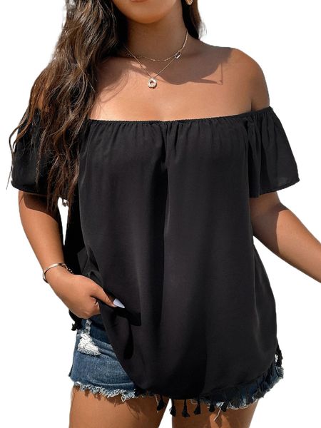 plus off the shoulder tassel trim solid 78yy#, Black 
plus off the shoulder tassel trim solid 78yy#, Black