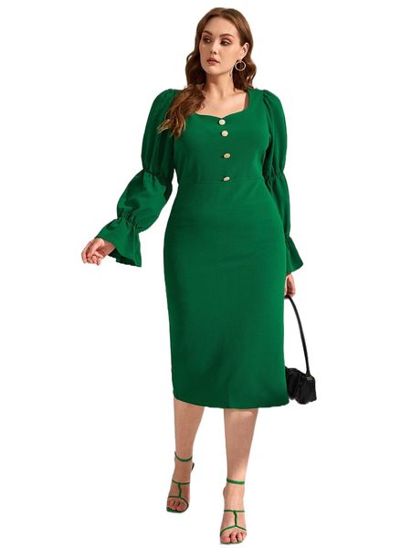 plus fake button gathered sleeve sweetheart neck slit back dress n7la#, Black
plus fake button gathered sleeve sweetheart neck slit back dress n7la#, Black