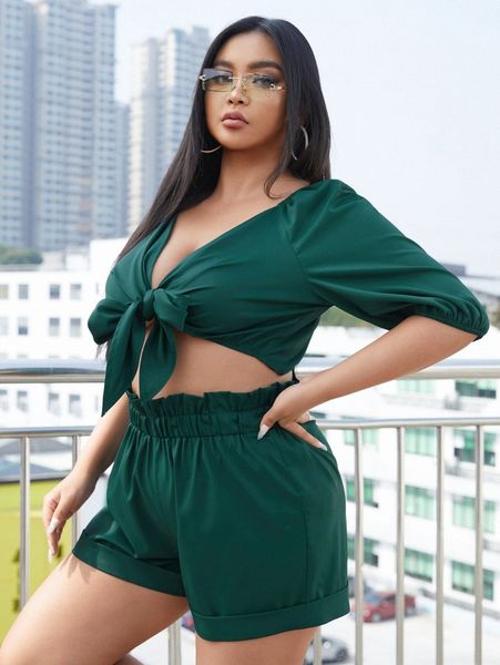 plus knot front puff sleeve crop & paper bag waist shorts q5oo#, Black
plus knot front puff sleeve crop & paper bag waist shorts q5oo#, Black