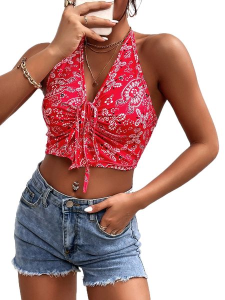 floral print drawstring tie backless halter q86z#, White
floral print drawstring tie backless halter q86z#, White