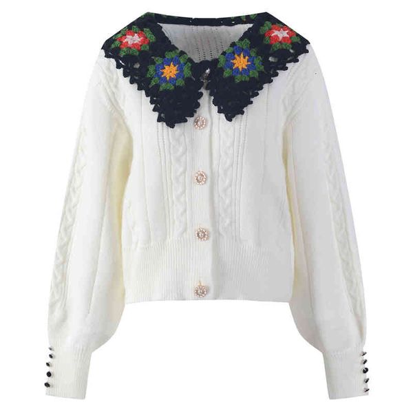 women's knits tees contrast color hand hook doll collar lantern sleeve knitted sweater cardigan jacket women's clothing autumn and, White
women's knits tees contrast color hand hook doll collar lantern sleeve knitted sweater cardigan jacket women's clothing autumn and, White