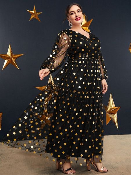 plus golden dot print lantern sleeve ruffle hem mesh dress x7aj#, Black