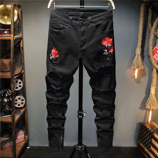 men's jeans design black embroidery rose elastic small foot tight men's perforated jeans trendy pants 1863 gk6f, Blue
men's jeans design black embroidery rose elastic small foot tight men's perforated jeans trendy pants 1863 gk6f, Blue