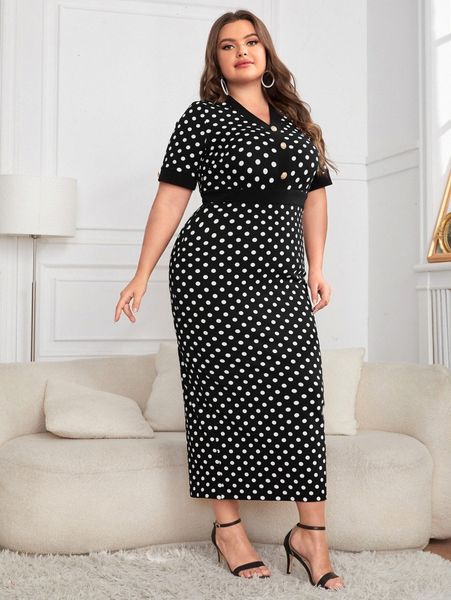 plus polka dot print fake button dress a8ry#, Black
plus polka dot print fake button dress a8ry#, Black