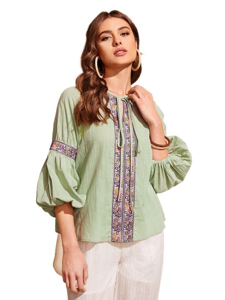 floral embroidery tie neck bishop sleeve blouse r527#, White 
floral embroidery tie neck bishop sleeve blouse r527#, White