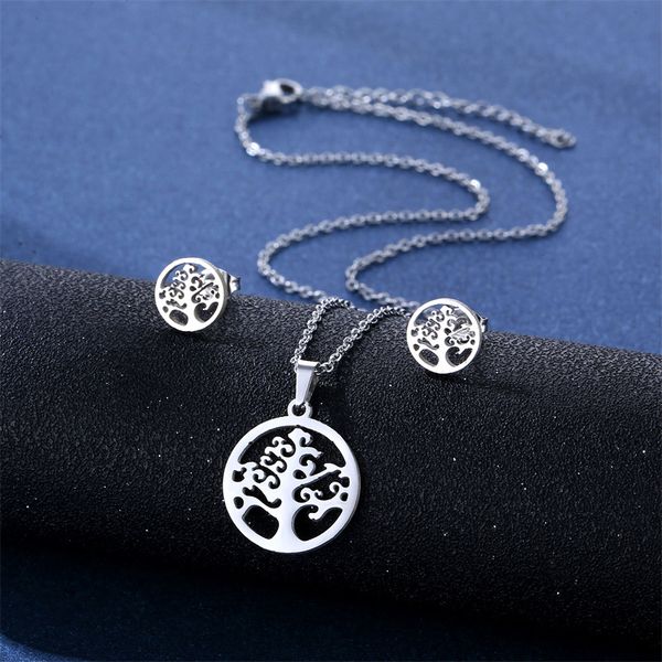 new style life tree pendant necklace stud earrings set simple stainless steel fashion jewelry holiday memorial gift for women, Silver
new style life tree pendant necklace stud earrings set simple stainless steel fashion jewelry holiday memorial gift for women, Silver