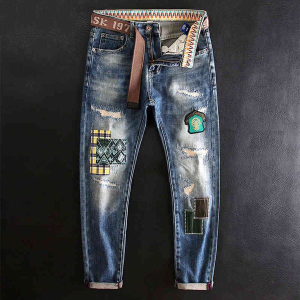 men's jeans fashion brand hole patch embroidered jeans men's slim small straight elastic beggar fashion trend tvf6, Blue
men's jeans fashion brand hole patch embroidered jeans men's slim small straight elastic beggar fashion trend tvf6, Blue