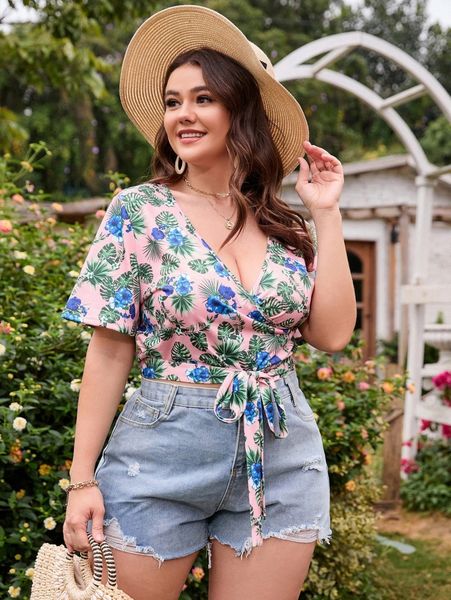 plus tropical print knot front tee r1pp#, Black