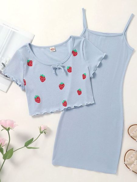 girls strawberry print knot front lettuce trim tee & cami dress she, White
girls strawberry print knot front lettuce trim tee & cami dress she, White