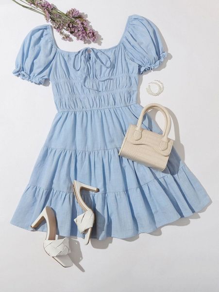 tie front ruched bust tiered dress l3k2#, Black;gray
