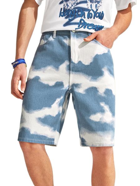 men tie dye slant pocket denim shorts u71k#, White;black
