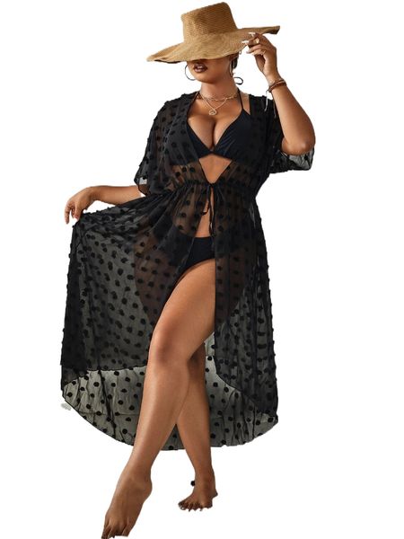 plus swiss dot batwing sleeve drawstring waist kimono e3fc#, Black;gray