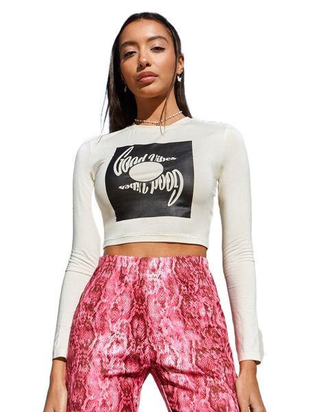 letter and geo print crop tee k2ru#, White