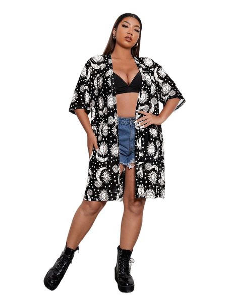 plus allover galaxy print kimono 89bv#, Black;gray