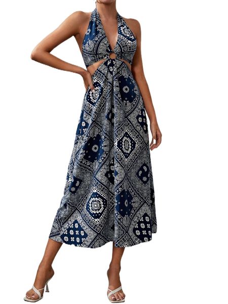 paisley scarf print o-ring cut out tie backless halter dress v9wf#, Black;gray
paisley scarf print o-ring cut out tie backless halter dress v9wf#, Black;gray