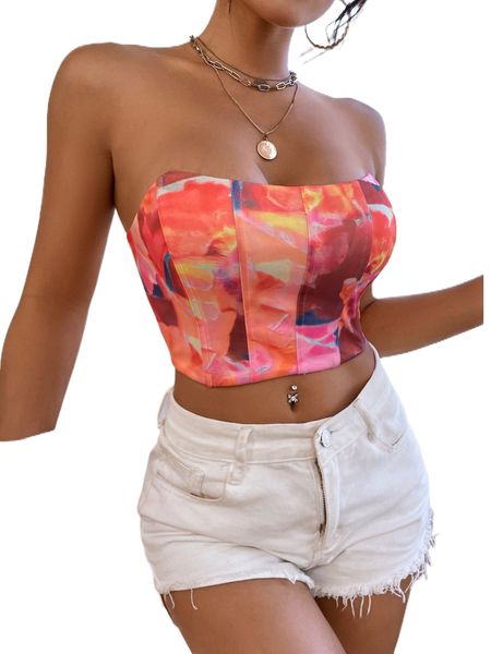 graphic print bustier crop tube d5n1#, White 
graphic print bustier crop tube d5n1#, White