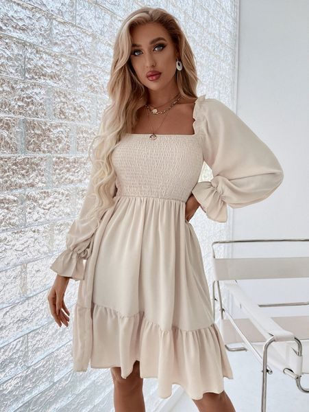 square neck shirred bodice flounce sleeve ruffle hem dress x54g#, Black;gray
square neck shirred bodice flounce sleeve ruffle hem dress x54g#, Black;gray
