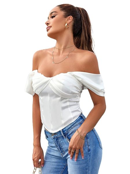 off shoulder ruched front d8ds#, White