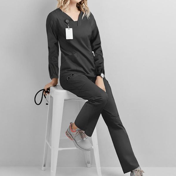 women's two piece pants uniform long sleeve v-neck pocket solid color scrubs trouser wokers suit uniforms workwear sets d8, White
women's two piece pants uniform long sleeve v-neck pocket solid color scrubs trouser wokers suit uniforms workwear sets d8, White