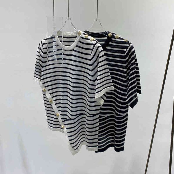 women's t-shirt summer striped contrast gold button irregular hem women's fashion round neck casual commuting short sleeve stty, White
women's t-shirt summer striped contrast gold button irregular hem women's fashion round neck casual commuting short sleeve stty, White