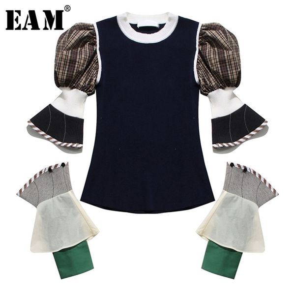 eam women plaid split knitting temperament t-shirt round neck long puff sleeve fashion spring summer 210317, White
eam women plaid split knitting temperament t-shirt round neck long puff sleeve fashion spring summer 210317, White