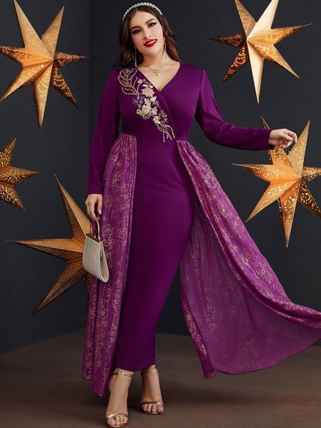 plus gold floral print appliques peplum waist split back dress q1lv#, Black 
plus gold floral print appliques peplum waist split back dress q1lv#, Black