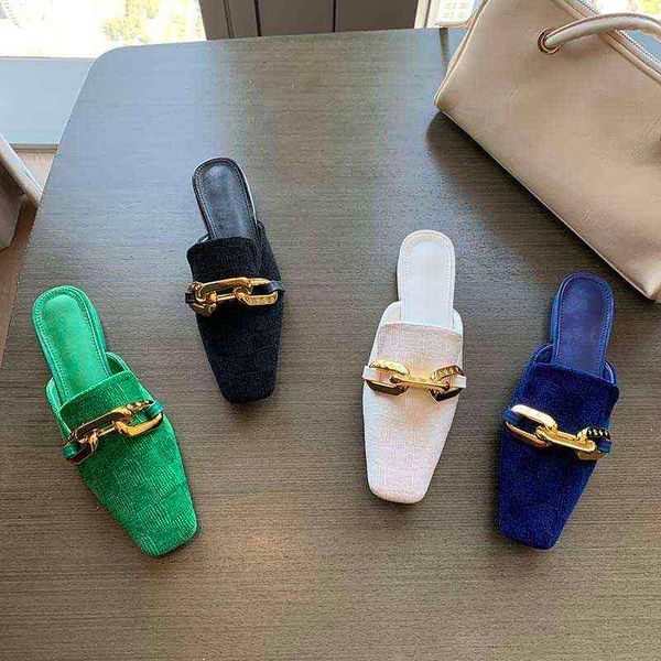 slippers flock women metal chain square toe low flat heels black white blue green casual slides mules shoes size 35 39 220328
slippers flock women metal chain square toe low flat heels black white blue green casual slides mules shoes size 35 39 220328