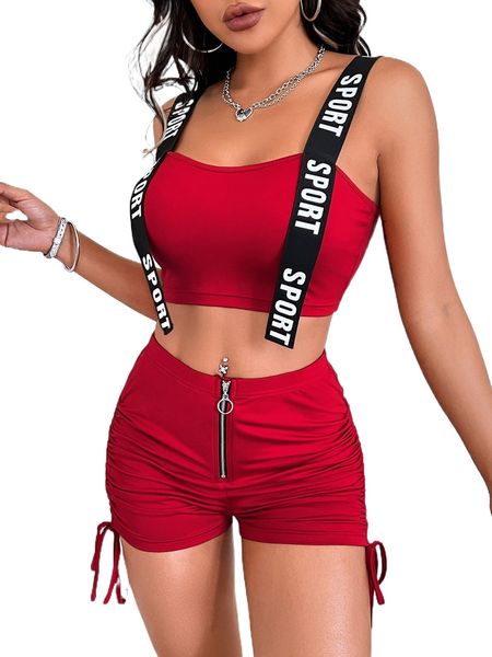 letter tape panel cami & drawstring biker shorts m0iw#, White