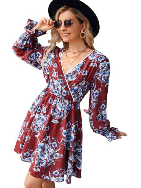 floral print guipure lace detail overlap collar flounce sleeve dress j3td#, Black;gray
floral print guipure lace detail overlap collar flounce sleeve dress j3td#, Black;gray