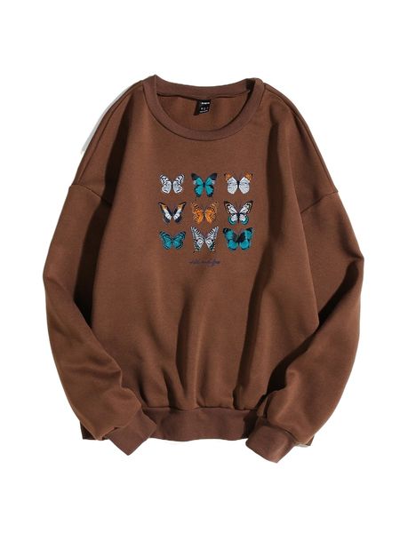 letter and butterfly print drop shoulder sweatshirt x8k5#, Black