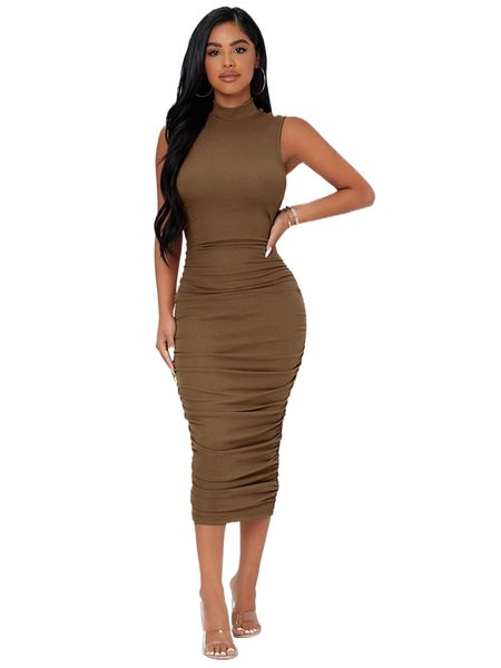 petite mock neck ruched bodycon dress j1lj#, Black;gray