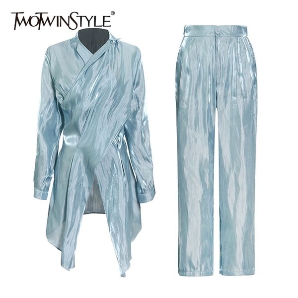 twotwinstyle ruched casual two piece set for women v neck long sleeve shirts high waist full length pants solid sets female 220315, White
twotwinstyle ruched casual two piece set for women v neck long sleeve shirts high waist full length pants solid sets female 220315, White