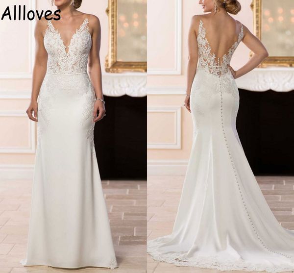 modest v neck lace appliqued mermaid wedding gowns with train sleeveless boho bridal dresses elegant simple satin open back vestidos de novi, White
modest v neck lace appliqued mermaid wedding gowns with train sleeveless boho bridal dresses elegant simple satin open back vestidos de novi, White