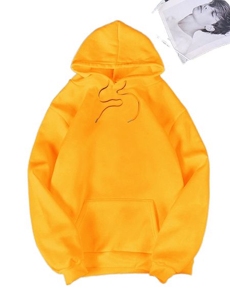 solid kangaroo pocket drawstring thermal lined hoodie c5c0#, Black