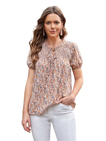 emery rose ditsy floral tie neck shirred blouse u3b4#, White