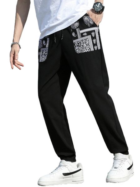 men paisley & floral print drawstring waist pants b2fv#, Black