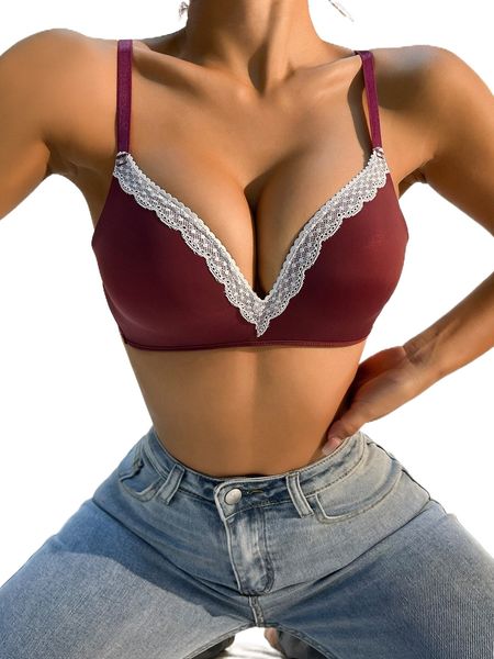 contrast lace trim bralette e7ki#, Black;red
