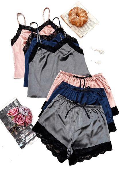 3sets lace trim cami & shorts night set q3au#, Black;red
3sets lace trim cami & shorts night set q3au#, Black;red