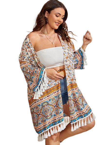 plus ditsy floral print tassel hem kimono h48g#, Black;gray
plus ditsy floral print tassel hem kimono h48g#, Black;gray