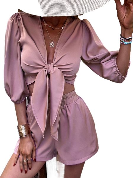 knot front lantern sleeve crop & shorts a5am#, White